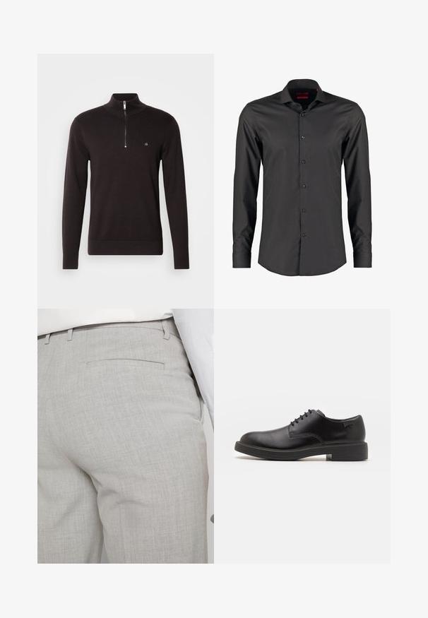 Juodas zip-up megztinis su aukštu apykakle, turintis tekstūrinį mezgimo raštą ir mažą logotipą krūtinėje. Ilgos rankovės ir prigludę rankogaliai.; Juodas ilgos rankovės marškinėlis su siauru siluetu, pagamintas iš lygios medžiagos. Turi smailų apykaklę ir šešis mygtukus priekyje.; Šviesiai pilkos spalvos pritaikytos kelnės iš faktūrinės medžiagos, turinčios vieną užpakalinę kišenę ir tvarkingus siūlus.; Juodas odinis batų modelis su raišteliais, apvaliu nosiu, lygiu paviršiumi, minimaliai siuvinėjimu ir žemu guminėmis pakulne. Ant pakulnės šalia logo.