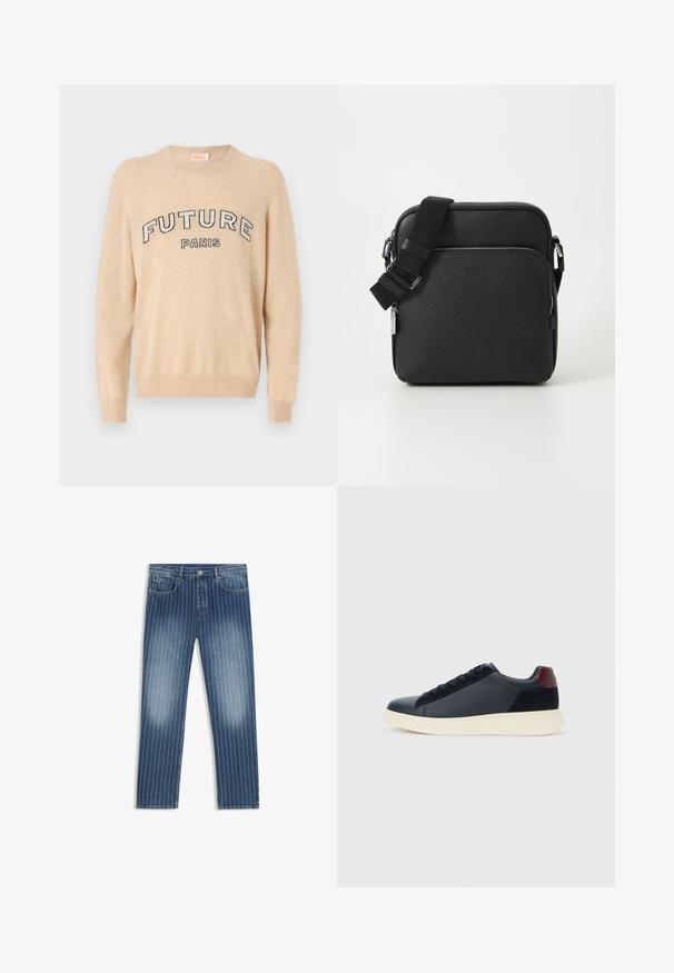 Beige villapaita, joka on valmistettu pehmeästä materiaalista. Paitassa on pyöreä pääntie, pitkät hihat ja rinnassa tummalla tekstillä "FUTURE PARIS".; Farkut, joissa on pinstripe-kuvio, keskisininen väri, kuluneet osat, suora lahje, viisi taskua ja metallinen nappisulku.; Miestne bežecké tenisky s nízkym strihom v čiernej koži a semišovej úprave s bordovým jazykom a bielou gumovou podrážkou, pohľad z vonkajšej strany.; Musta nahkainen olkalaukku, jossa on rakennepinta, edessä vetoketjulla varustettu tasku, säädettävä hihna ja metalliset yksityiskohdat.