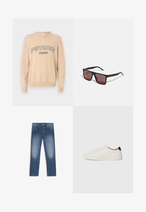 Maglione beige realizzato in materiale morbido, con scollatura rotonda, maniche lunghe e la scritta "FUTURE PARIS" in caratteri scuri sul petto.; Jeans in denim con un motivo a righe sottili, colore blu medio, sezioni sbiadite, taglio dritto, cinque tasche e chiusura con bottone metallico.; Sneaker bianca con tomaia in pelle liscia, punta rotonda e suola piatta. Accentatura nera sul tallone, con lacci tono su tono e branding minimale.; Occhiali da sole rettangolari neri con lenti rosso scuro, caratterizzati da una finitura opaca e un logo rosso sulla stanghetta. Montatura in plastica resistente.