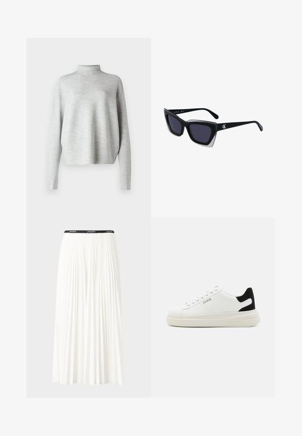 Lichtgrijze coltrui, gemaakt van zachte stof, met lange mouwen en een ontspannen pasvorm, met een zachte, fijne textuur.; Plisséminirok in het wit met een zwarte elastische tailleband met het "LACOSTE"-logo. Middellange ontwerp met een zachte textuur.; Witte leren sneakers met een dikke witte zool, zwarte suède hielaccent en een geperst logo op de zijkant. Vetersluiting met zes oogjes.; Zwarte oversized zonnebril met een geometrische vorm, voorzien van donkere glazen en een contrasterend grijs detail op het montuur. Logo op de arm.