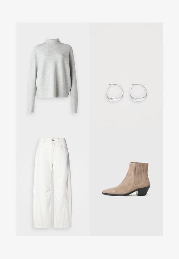Light gray turtleneck sweater, made of soft fabric, featuring long sleeves and a relaxed fit, with a smooth, fine texture.; White wide-leg jeans made from denim with visible stitching. Features a button closure and slight texture. Pockets on the front.; Beige suede ankle boot with a pointed toe and molded heel, featuring vertical stitching accents on the sides.; Silver hoop earrings with a polished finish and DKNY branding, displayed against a plain white background.