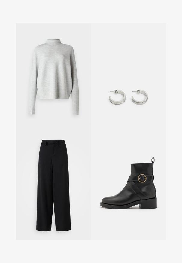 Pull en col roulé gris clair, fabriqué en tissu doux, avec des manches longues et une coupe décontractée, présentant une texture lisse et fine.; Pantalons large en noir en tissu lisse, avec une taille plate, des détails plissés et des passants de ceinture à la taille.; BOSS IRYNA BOOTIE - Bottines à plateau - black; Boucles d'oreilles en argent en forme de créoles présentant une surface lisse et une rangée de petites pierres claires le long du bord inférieur, avec une fermeture à tige.