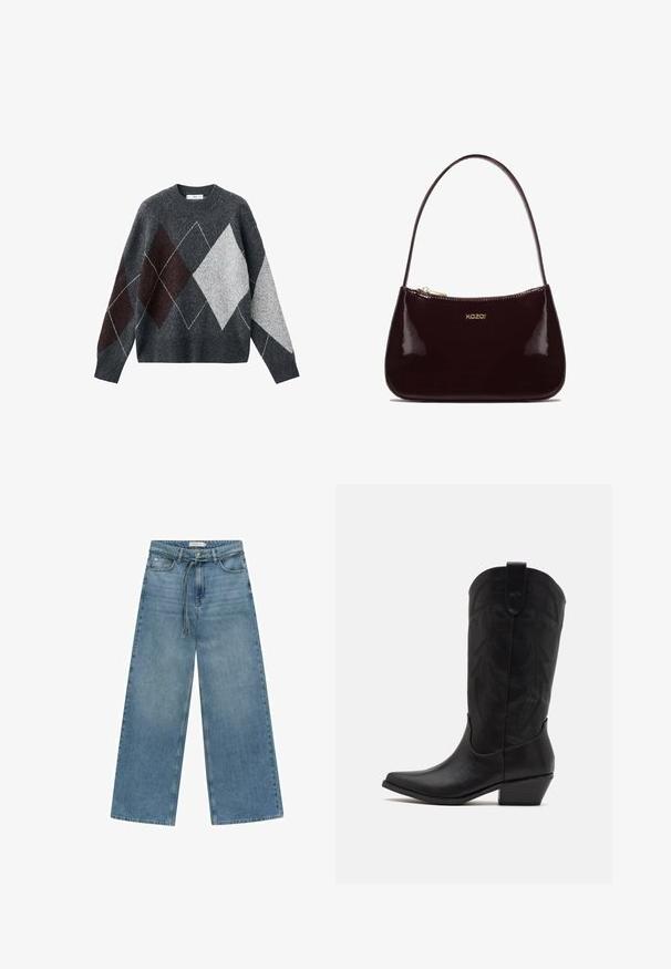 Grijze trui met een ronde hals, voorzien van een ruitpatroon in bruin, grijs en wit. Gemaakt van zacht materiaal. Lange mouwen.; Langarm, bordeaux rood overhemd met verticale witte en kleurrijke strepen, voorzien van een klassieke kraag en een afgeronde zoom.; Wijdvallende blauwe denim jeans met een gemiddelde wassing. Beschikt over een tailleband met trekkoord, een voorkeurszak en een eenvoudige afwerking zonder extra versieringen.; Zwarte leren cowboylaars met spitse neus, lage gestapelde hak en een ingewikkeld geïmbossieerd bladerenpatroon op de schacht. Lus aan de bovenkant voor eenvoudig aantrekken.; Bordeaux handtas van glanzend leer met een soepele textuur, gebogen ontwerp, enkele schouderriem en een gouden "kazar" logo aan de voorkant.