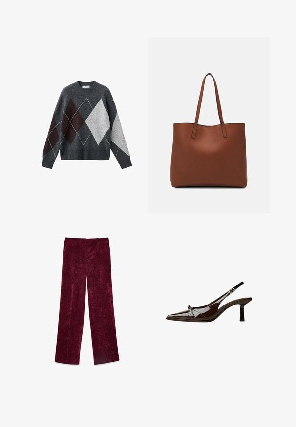 Maglione grigio con collo rotondo, caratterizzato da un motivo argyle in marrone, grigio e bianco. Realizzato in tessuto morbido al tatto. Maniche lunghe.; Pantaloni a gamba larga bordeaux realizzati in un morbido tessuto testurizzato con una vita liscia e una silhouette dritta. Nessuna tasca visibile o decorazioni.; Scarpa slingback in pelle verniciata marrone con punta appuntita, tacco basso e un accentuato fiocco decorativo nella parte anteriore. Texture liscia e lucente.; Borsa tote in pelle marrone con texture liscia, design con apertura superiore e due spallacci. Presenta cuciture minime e nessun hardware visibile.