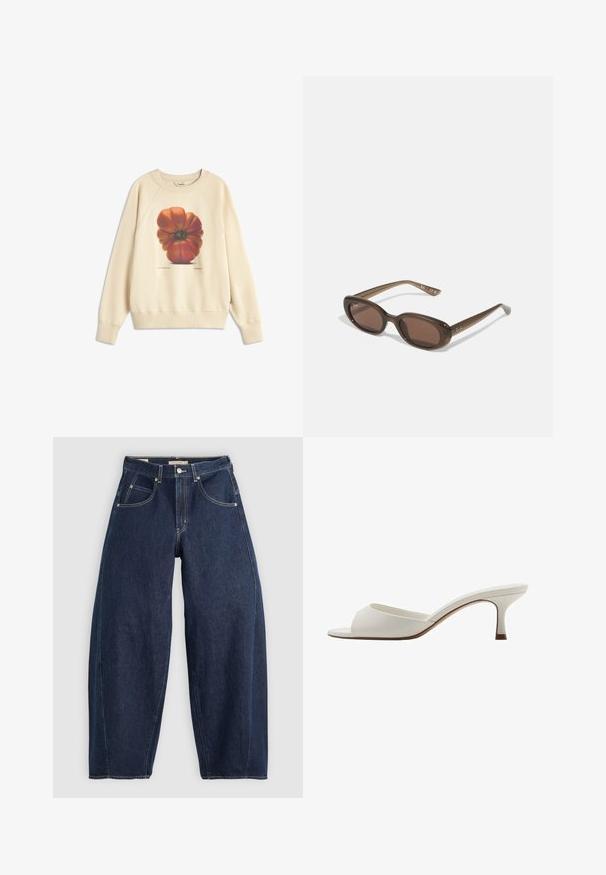 Cremefarbiges Sweatshirt mit einem großen Grafikmuster eines rot-orangefarbenen Tomaten auf der Vorderseite. Gerippte Bündchen und Saum, lockere Passform und weiche Textur.; Dunkelblaue Denim-Jeans mit lockerer Passform, heller Naht, fünf Taschen und einem Knopfverschluss am Bund.; Weiße, offene High-Heel-Mules mit glatter Oberfläche, minimalistischer Gestaltung und schlankem Absatz, ausgestattet mit einem subtilen braunen Akzent auf der Sohle.; Braune ovale Sonnenbrillen mit dunklen Gläsern. Das Gestell besteht aus einem transparenten braunen Material und hat ein auf den Bügeln aufgedrucktes Logo.; Grüne Lederhandtasche mit glatter Textur, gebogenem Design und geflochtenem Griff. Verfügt über einen Reißverschluss und einen verstellbaren Riemen.
