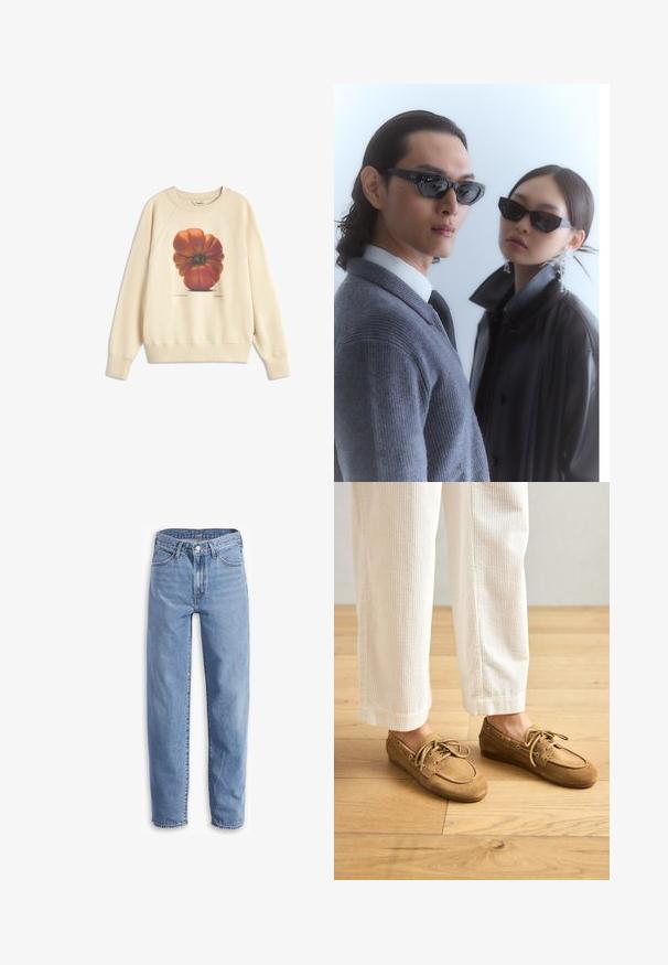 Kremasti dukserica s velikim grafičkim prikazom crvenkasto-narančaste rajčice na prednjoj strani. Rebrasti rukavi i donji rub, opušteni kroj i mekana tekstura.; Svijetloplave traperice, opuštenog kroja, ravne nogavice, s pet džepova i izbrisanima na rubovima za ležeran izgled.; Smeđe nubuk čamac cipele s vezicama, s okruglim vrhom i šivenim detaljima. Nosi se s bijelim kudravo hlačama u drvenom okruženju.; Naočale s anguliranim crnim okvirom na modelu u sivoj dukserici, koja prikazuje teksturirano pletenje, i crna kožna jakna koju nosi drugi model.; Pouch sa zatvaračem u tamnoplavoj boji, izrađen od sjajnog materijala, s glatkom teksturom i suptilnim logotipom sprijeda. Kompaktni i svestrani dizajn.