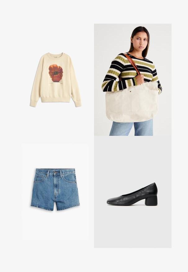 Krémová mikina s kvalitným potlačou veľkej grafiky červeno-oranžovej rajčiny na prednej strane. Rybované manžety a lem, s voľným strihom a mäkkou textúrou.; Džínové šortky v svetlo modrej farbe, s piatimi vreckami, zipsom a zapínaním na gombík. Spodný lem je rozstrapkaný s voľným strihom.; Čierne kožené lodičky s okrúhlou špičkou a stredne blokovým podpätkom. Hladká textúra s minimálnymi detailami, so subtílnym elastickým otvorom.; Veľká béžová plátená taška s hnedými koženými popruhmi, ktorá sa vyznačuje minimalistickým dizajnom a viditeľnými opatreniami šitia.