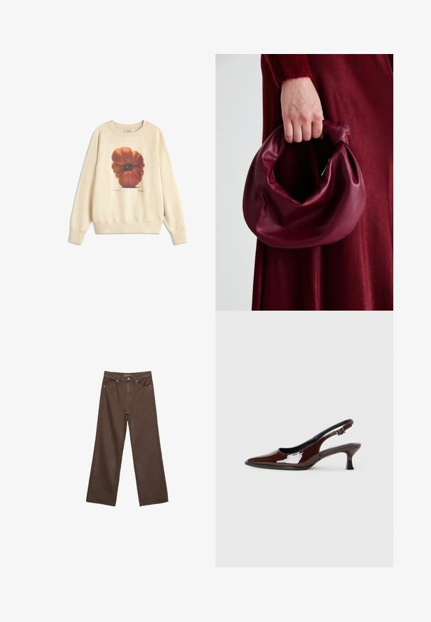 Sweatshirt crème avec un grand graphisme d'une tomate rouge-orangée sur le devant. Poignets et ourlet côtelés, avec une coupe décontractée et une texture douce.; Jean brown à jambes larges en denim, doté d'une taille haute, de poches avant et d'une fermeture à bouton classique. Texture lisse avec des coutures subtiles.; Chaussure slingback en cuir verni marron avec un bout pointu et un talon modéré. Elle est dotée d'une sangle à boucle pour un ajustement sécuritaire. Texture lisse.; Sac à main en cuir bordeaux au design doux et froncé, avec une forme arrondie. La poignée est fixée, mettant en valeur une texture lisse.