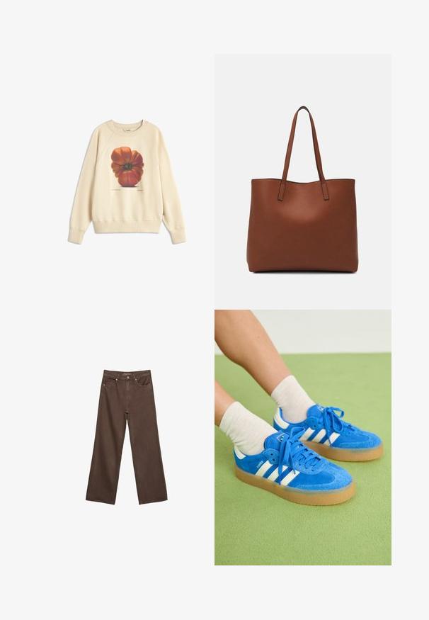 Creme sweatshirts med et stort grafik af en rød-orange tomat på fronten. Ribbet manchetter og kant, med en afslappet pasform og blød tekstur.; Bredde ben brun denim jeans med høj talje, forlommer og klassisk knaplukning. Glat tekstur med diskret syninger.; Blå ruskind sneakers med hvide striber, gummisål, rund tå og stofsnørebånd. Bærer cremefarvede sokker på en grøn overflade.; Brun læder tote taske med en glat overflade, åben topdesign og to skulderremme. Har minimal syning og ingen synlig hardware.