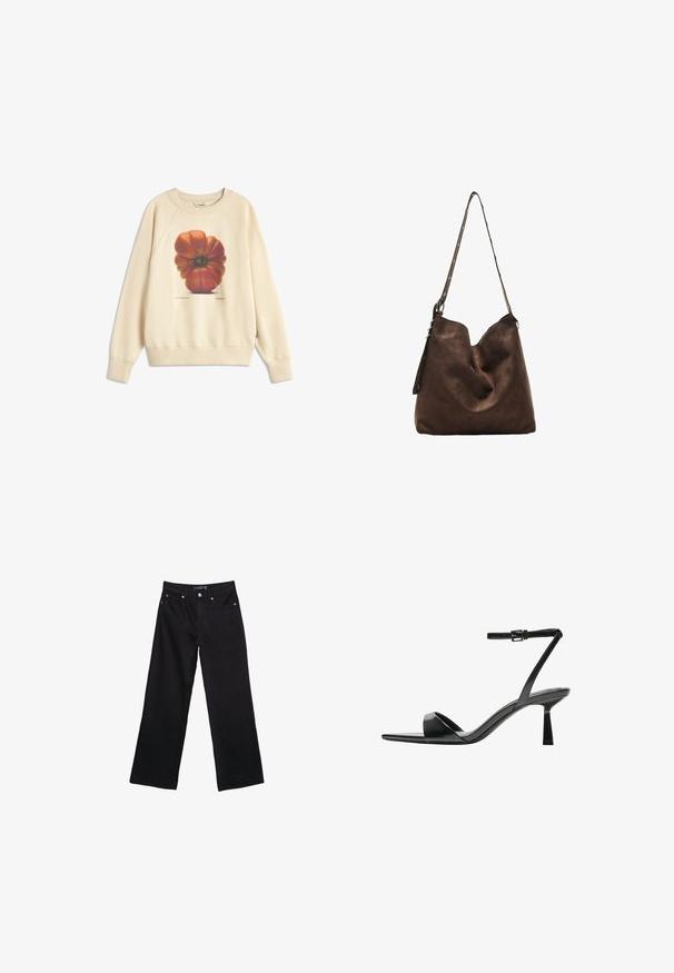 Creme sweatshirts med et stort grafik af en rød-orange tomat på fronten. Ribbet manchetter og kant, med en afslappet pasform og blød tekstur.; Sorte denim wide-leg bukser med høj talje, synlige sømme og fire lommer. Stoffet har en blød, glat tekstur med minimal glans.; Bershka Højhælede sandaletter / Højhælede sandaler - black; Brun suede hobo taske med en buet top, en lang rem med prikkede detaljer og en blød tekstur. Har et slouchy design til afslappet brug.