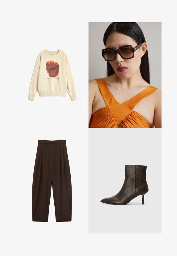 Felpa color crema con una grande grafica di un pomodoro rosso-arancio sulla parte anteriore. Polsini e orlo a coste, con una vestibilità rilassata e una texture morbida.; Pantaloni marroni a vita alta con pieghe, realizzati in tessuto morbido. Vestibilità ampia, design a gamba dritta, dotati di passanti per cintura e chiusura con zip.; Stivale alla caviglia in pelle marrone con punta affusolata, design elegante e tacco sottile nero. Superficie strutturata con un motivo sottile.; Occhiali da sole oversize in tartaruga marrone con una ampia montatura rettangolare e lenti sfumate. Dettaglio del logo in oro sul lato.; Borsa a tracolla in suede marrone con una lunga cinghia in pelle, accessori in argento, forma rettangolare e un pattina piatta con un abbellimento centrale.