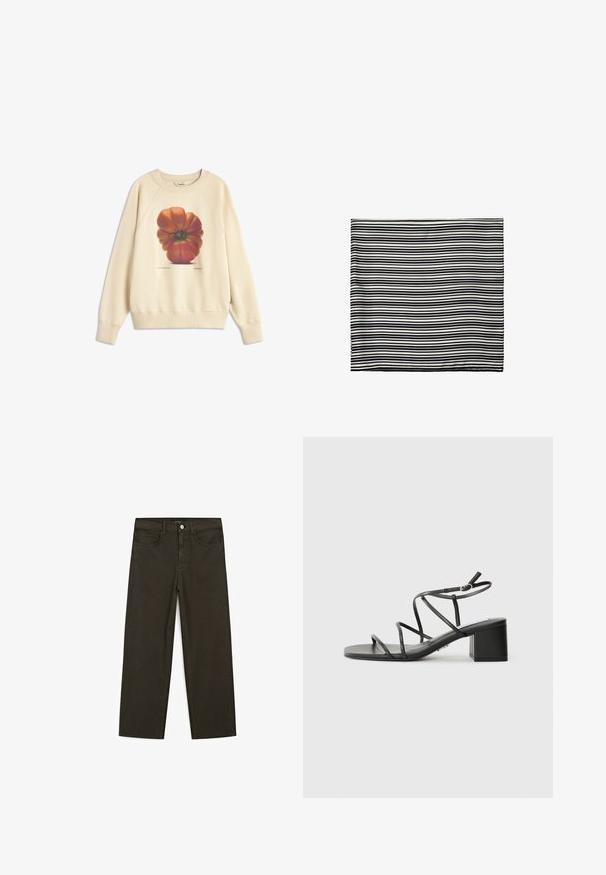 Kremowy sweter z dużą grafiką czerwono-pomarańczowego pomidora z przodu. Dół i mankiety ze ściągaczami, luźny krój oraz miękka tekstura.; Ciemnozielone spodnie dżinsowe typu wide-leg wykonane z mieszanki bawełny, z zamkiem na guzik z przodu, pięcioma kieszeniami i klasycznym przeszyciem dżinsowym.; Czarne sandały na obcasie z kwadratowym noskiem, wykonane z gładkiego materiału. Mają regulowane paski na kostce oraz minimalne elementy ozdobne.; Czarnobiała w paski chusta, wykonana z lekkiego materiału. Prostokątny kształt z równymi, naprzemiennymi paskami o różnych szerokościach. Miękka tekstura.; Brązowa skórzana torba tote z dwoma wydłużonymi uchwytami, usztywnionym prostokątnym kształtem, gładką teksturą i subtelnymi detalami przeszycia.