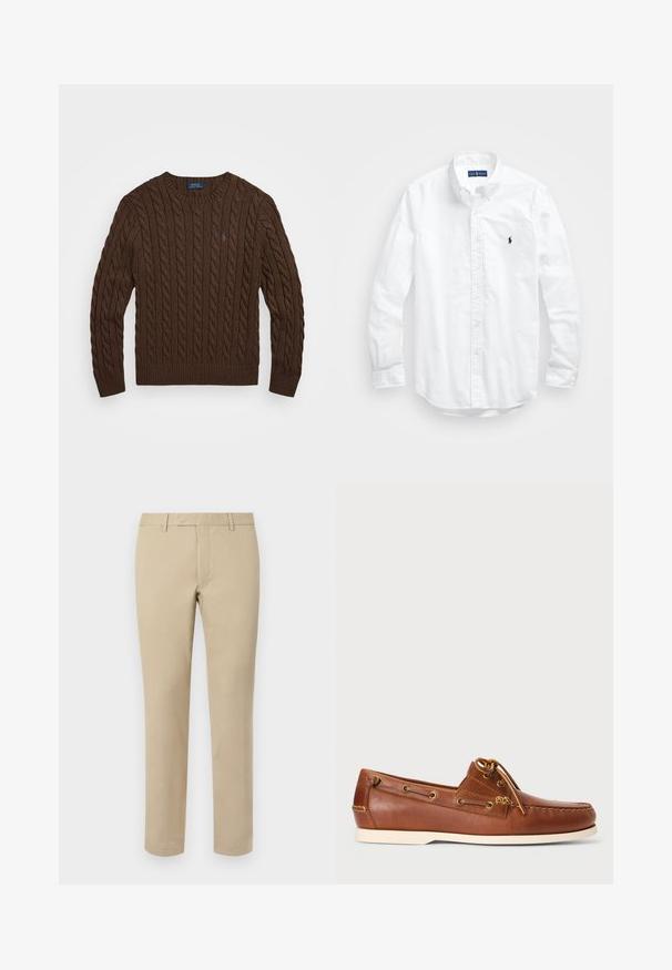 Brun kabelstickad tröja med ribbad halsringning och nederkant. Har en liten logotyp på vänster sida av bröstet. Tillverkad av strukturerad tyg.; Vit långärmad skjorta i bomull med knappar. Har en klassisk krage, knappmanchetter och en liten broderad logotyp i marinblått på bröstet.; Beige bomullsbukser med rak skärning, utrustade med bälteshällor, flat framsida och skräddarsydda fållar. Slät textur och minimal detaljer.; Bruna läderskon för båt, med snörning, gyllene ögla och krämfärgad gummisula. Utformad med ett upphöjt sömnads-mönster på tån.
