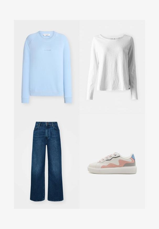 Šviesiai mėlynas džemperis su apvalia iškirpte, ribuotais rankogaliais ir apačia. Centre yra subtilus logotipas. Pagamintas iš minkštos medžiagos.; Ilgų rankovių balta marškinėlių su apvaliu iškirpimu ir švelnia, lengva medžiaga; šiek tiek laisvas kirpimas; etiketas matomas šone.; Aukšto liemens, platėjantys džinsai tamsiai mėlynos džinsinės medžiagos su lygia tekstūra, kontrastingomis siūlėmis ir penkių kišenių dizainu. Priekinis mygtukų užsegimas.; Žemi sportiniai bateliai su balta sintetine viršutine dalimi, rausvomis ir pilkomis zomšos detalėmis, tekstūruotu baltu guminiu padu ir spalvingomis raišteliais.