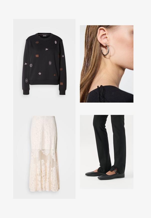 Czarny sweter z długimi rękawami, z kolorowymi wyszywanymi wzorami, w tym liśćmi i kształtami geometrycznymi, z prążkowanymi mankietami i dołem.; Czarny top na ramiączkach wykonany z miękkiego, rozciągliwego materiału. Posiada okrągły dekolt i szerokie ramiączka, ma dopasowany krój oraz gładką fakturę.; Kremowa spódnica midi z koronkowym wzorem; charakteryzuje się warstwowym fasonem z przezroczystymi sekcjami, teksturowaną koronką i falbaniastym dołem.; Czarne skórzane baletki z ostro zakończonym noskiem, paskiem z srebrną klamrą, w połączeniu z czarnymi spodniami o dopasowanym kroju z rozcięciem u dołu.; Srebrny kolczyk w kształcie koła z polerowanym wykończeniem, z małymi złotymi akcentami, noszony na płatku ucha.