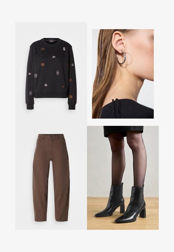 Sweatshirt noir à manches longues, arborant des motifs brodés colorés, incluant des feuilles et des formes géométriques, avec des bords côtelés aux poignets et à l'ourlet.; Pantalons marron à jambes droites avec bouton avant et fermeture éclair, passants de ceinture et poches latérales, présentés sur un fond blanc.; Bottines en cuir noir avec un bout pointu, un talon carré épais et un design élégant. Présente des panneaux latéraux élastiques pour un enfilage facile.; Boucle d'oreille en argent avec une finition polie, présentant de petits détails en or et de forme ronde, portée sur le lobe.