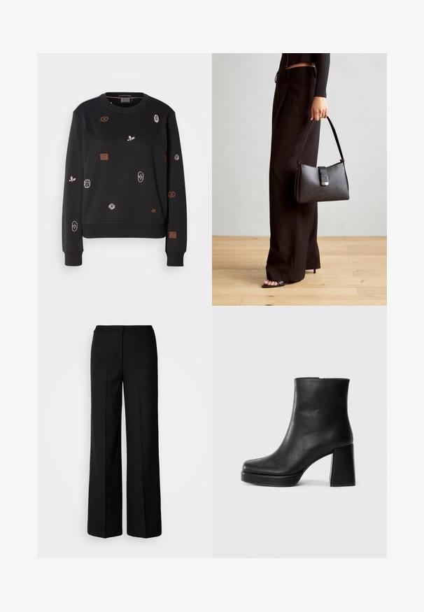 Black sweatshirt with long sleeves, featuring colorful embroidered patterns, including leaves and geometric shapes, with ribbed cuffs and hem.; Black wide-leg trousers with a smooth fabric, featuring a high waist, tailored seams, and a minimalist design. No visible hardware or pockets.; Black leather ankle boot with a block heel and platform sole, viewed from the side on a plain white background.; Black handbag with structured shape, smooth texture, and a metallic clasp. Paired with wide black pants and open-toe sandals on wooden floor.