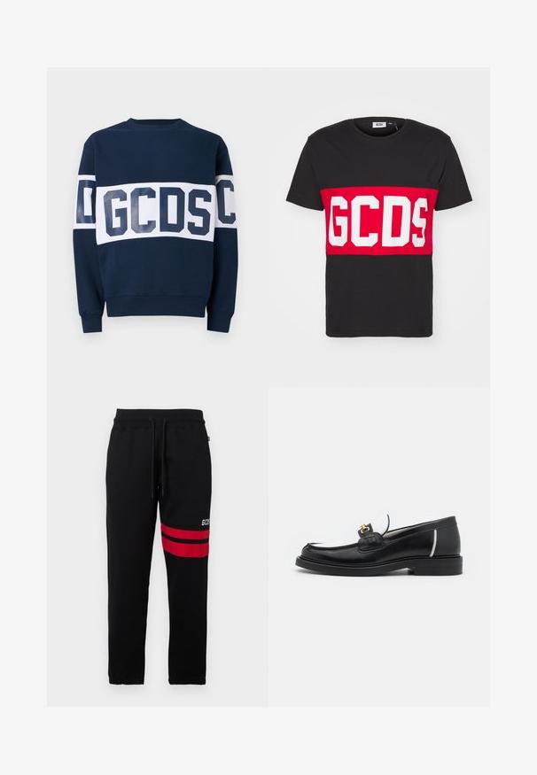 GCDS BAND LOGO CREWNECK - Sportska majica - deep blue/white; GCDS BAND LOGO REGULAR - Majica kratkih rukava s printom - black; Crne trenirke s kontrastnim crvenim prugama i logom sa strane. Imaju elastičnu struk i vezicu te su sužene na gležnju.; Crni kožni loafer s zaobljenim nožnim dijelom, bijelim akcentima i zlatnim detaljima na prednjem dijelu. Ima teksturiranu zakrpu i složeni potplat.