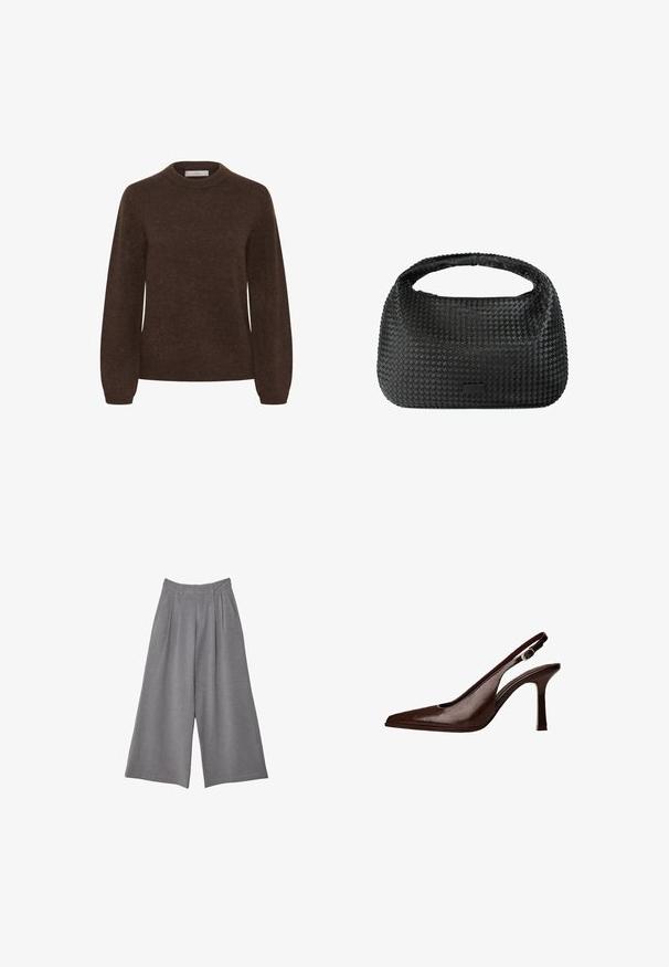 Ruskea neulepaita, jossa on pyöreä pääntie, pitkät hihat ja pehmeä kangas, sisältäen yksinkertaisen muotoilun ilman kuvioita tai koristeluita.; Harmaa leveälahkeinen housut, joissa on teksturoitu kangas, vyötäröllä laskokset ja kaksi sivutaskua. Suunniteltu keskikorkeaksi istuvuudeksi.; Kastanjan värinen nahkainen slingback-korkokenkä, jossa on terävä kärki ja ohut korko. Kengässä on pieni korostussolki vyössä ja kiiltävä pinta.; Mustan kudotun käsilaukun pyöreä muoto, texturoitu pinta ja yksittäinen yläkahva. Sen muotoilu on tyylikäs ja minimalistinen, ilman näkyvää tarvikkeita.