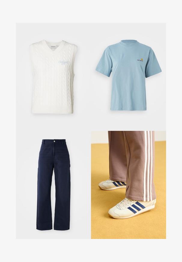 White sleeveless sweater vest with a V-neck and cable knit design. Features light blue embroidered branding on the front. Textured knit fabric.; Light blue short-sleeve cotton t-shirt with round neck and small yellow and red Carhartt logo on left chest.; Navy blue wide-leg cargo pants with a sturdy cotton fabric, featuring side pockets and a button closure at the waist.; Cream sneakers with blue suede stripes, white laces, and a rubber sole. Paired with gray sweatpants featuring white side stripes.