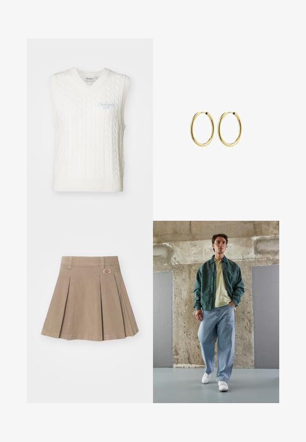 Valge ilma varrukateta sviiter vest V-kaelusega ja palmikutega kudumise disainiga. Esipoolt kaunistab helesinise värvusega tikand. Tekstuuriga kudumifabriik.; Kolm t-särki mentool verdes, mustas ja beežis; ribakangast, ümmarguse kaelusega ja ilma varrukateta. Brändi silt on nähtav.; Beez värvi volditud seelik, mis on valmistatud tekstureeritud kangast. Omab vöökohta koos vööaasadega ja logotaskut vasakul ees.; Roheline bomber jaki kerge kollase polo peal, koos laia sinise teksapükste ja valgete tossudega. Siledad kangad, mugav istuvus, minimaalne riistvara.; Kuldmetallist rõngas kõrvarõngad siledapinnaga, ringikujulised ja kindla kinnitusega. Poleeritud pind, ilma nähtavate mustrite või aktsentideta.
