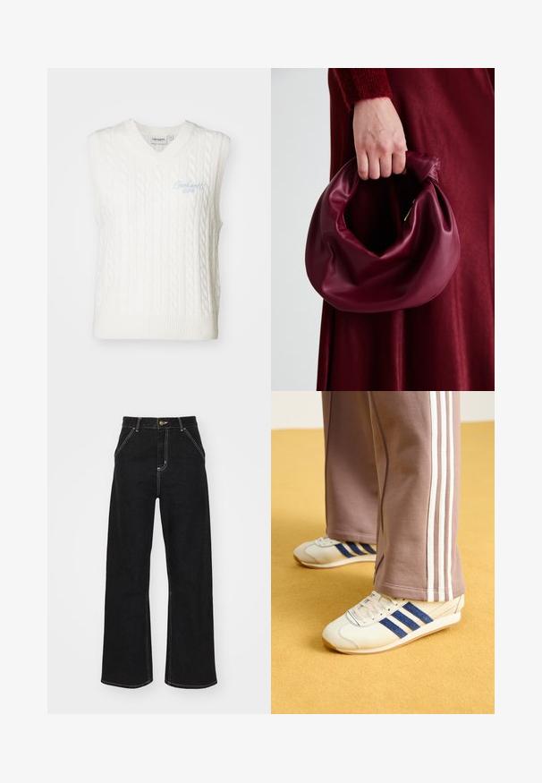 Hvit ermeløs genservest med V-hals og kabelstrikkedesign. Har lys blå brodert merkevarelogo på forsiden. Strukturert strikket stoff.; Svarte vide jeans laget av denim, med kontrasterende hvite sømmer og en frontknapplukking, samt to skrå frontlommer.; Kremfargede sneakers med blå semsket skinnstriper, hvite snørebånd og gummisåle. Kombinert med grå joggebukser med hvite sidestriper.; Bordeaux lærhåndveske med et mykt, samlet design og avrundet form. Håndtaket er festet, og viser en glatt tekstur.