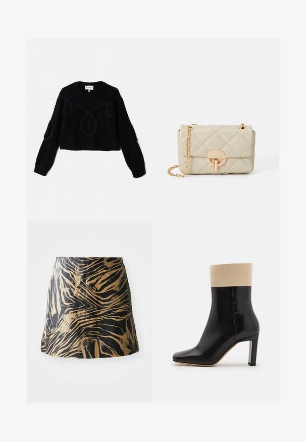 Knitted black sweater featuring a cropped design, textured fabric, and braided accents on the front and sleeves.; Black and gold skirt featuring a zebra stripe pattern, made of smooth material with a fitted shape and a high waist design.; Black leather ankle boot with cream accent at the top, pointed toe, and a high, silver-accented heel. Smooth texture with no visible patterns.; Quilted beige leather handbag with a gold chain strap and circular clasp, featuring a subtle logo and structured rectangular shape.