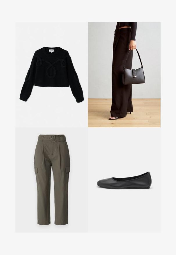 Zwart gebreid sweater met een cropped ontwerp, gestructureerde stof en gevlochten accenten op de voorkant en mouwen.; Olijfgroene cargobroeken, gemaakt van lichte stof. Kenmerken zijn onder andere een ceintuur in de taille, voorplooien en zijzakken met klepsluitingen.; Zwarte leren ballerina met een ronde neus, gladde textuur, minimale stikdetails en een flexibele zoolontwerp.; Zwarte handtas met gestructureerde vorm, gladde textuur en een metalen sluiting. Gecombineerd met brede zwarte broeken en sandalen met open teen op een houten vloer.