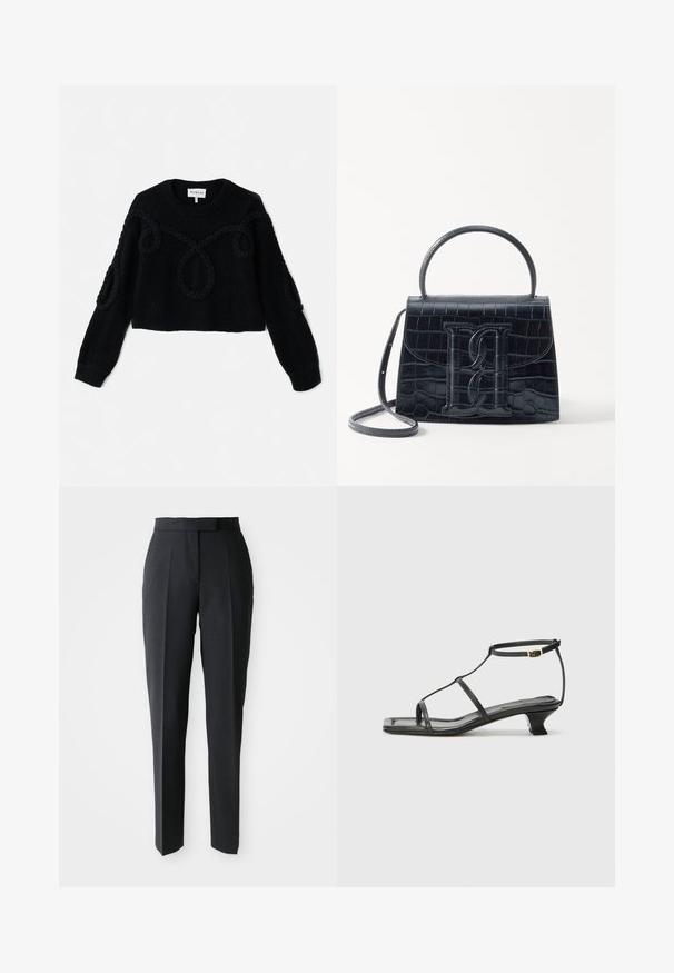 Mustakattu musta neulepaita, jossa on lyhyt malli, teksturoitu kangas sekä letitetyt yksityiskohdat edessä ja hihoissa.; Musta räätälöity suora lahjehousut korkealla vyötäröllä ja etuonteloilla, esillä yksinkertaisella vaalealla taustalla.; Musta nahkasaapas, jossa on neliön muotoinen kärki, ohuet hihnat, säädettävä nilkkahihna ja matala korko. Hihnassa on pieni kultainen yksityiskohta.; Musta krokotiilivoimalla painettu nahkakäsilaukku, jossa on jämäkkä muotoilu, yläkahva, säädettävä hihna ja erottuva etuosan logoyksityiskohta.