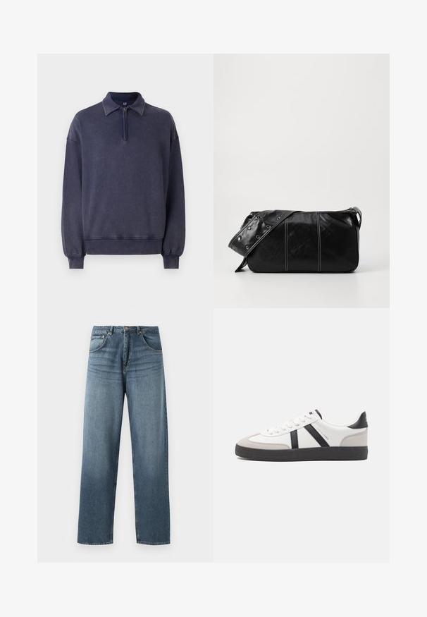 Felpa blu navy con colletto a mezza zip, vestibilità rilassata e polsini a coste. Realizzata in materiale morbido con una finitura testurizzata.; Jeans in denim blu a gamba dritta con un lavaggio sbiadito, dotati di cinque tasche, bottone in metallo e passanti per cintura. Tessuto strutturato di peso medio.; Sneaker bianco con accenti neri e grigi, dotata di una punta grigia testurizzata, suola in gomma nera e lacci bianchi piatti. Design pulito, stile minimalista.; Borsa a spalla in pelle nera con chiusura a zip, caratterizzata da un corpo testurizzato, cuciture bianche e una tracolla con occhielli in argento.