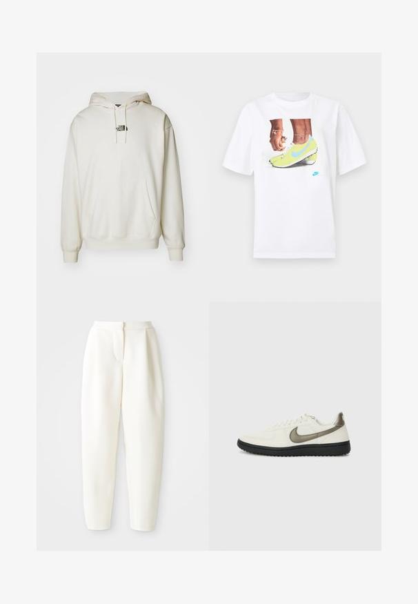 Kremfarget hettegenser med frontlomme, justerbar snøring i hetta og lite svart logo på brystet. Myk stoffkvalitet og ribbestrikkede mansjetter.; Hvit bomull t-skjorte med et grafisk motiv av føtter i gule Nike fotballsko med blå detaljer, kombinert med et armbånd på venstre håndledd.; Høytlivede, smale hvite bukser med skjult frontlukking og sidelommer, vist mot en ensfarget hvit bakgrunn.; Nike Sportswear FIELD GENERAL - Joggesko - off-white/black