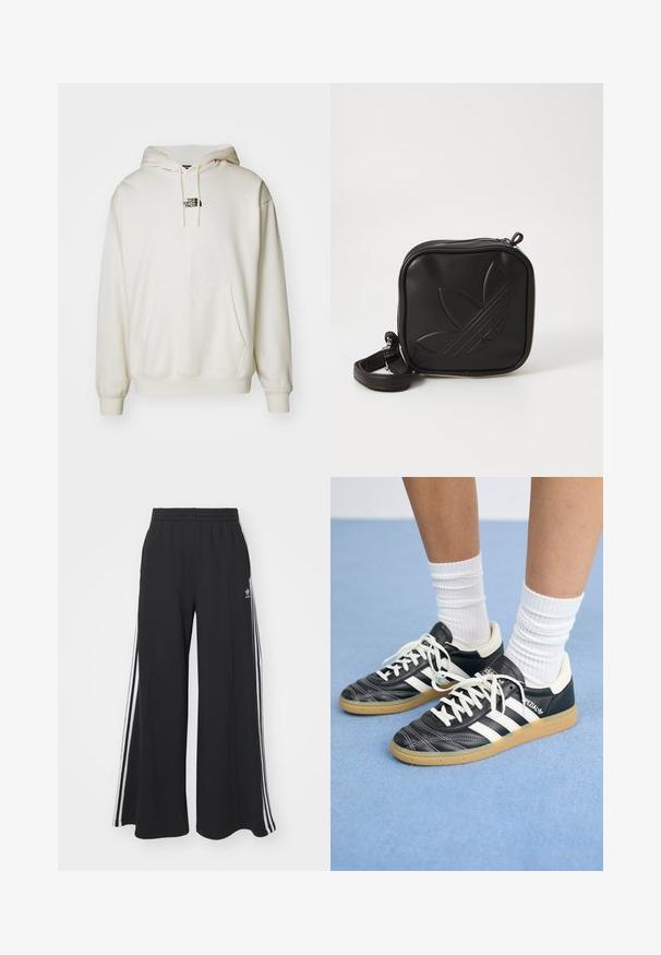 Kreemivärvi kapuutsiga dressipluus, millel on ees tasku, reguleeritav kapuutsiköis ja rinnal väike must logo. Pehme kangas ja soonikkoes varrukad.; Mustat löysät verkkarit, joissa on joustava vyötärö, valkoiset sivuraidat ja brodeerattu logo vasemmassa reidessä.; Mustat nahkasneakerit valkoisilla raidoilla, pyöreä kärki, valkoiset nauhat ja kumipohja. Korostaa pehmustettua kaulusta ja brändäysohjeita.; Mustikka neliö muotoinen olkalaukku, joka on valmistettu teksturoidusta synteettisestä materiaalista. Varustettu kohotetulla logolla ja säädettävällä hihnalla. Vetoketjukiinnitys.