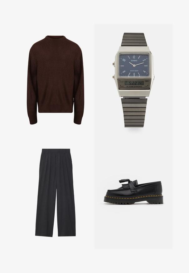 Redefined Rebel MILTON BOXY FIT - Džemper - demitasse; Laiene püksid, mis on valmistatud tumedast hallist kangast. Omavad vööümbrikus voldikuid, on kohandatud disainiga ja sirge siluett.; Mustmust musta loafer, millel on frantsiisi aktsent, paks must tald ja kollane õmblus servas. Tekstuuriga viimistlus.; Casio digitaalne kell sinise kelladialiga, hõbedase korpuse ja kihilise musta kummirihmaga. Kuvab aega ja häiresätteid. Veekindel.