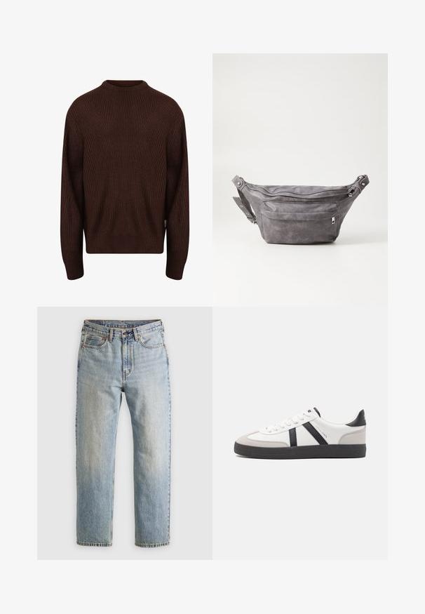 Redefined Rebel MILTON BOXY FIT - Džemperis - demitasse; Gai zila denima bikses ar augstu jostasvietu, priekšējo pogu, rāvējslēdzēju un piecu kabatu dizainu, izlīdzinātas uz neitrāla fona.; Baltas sneakeris ar melniem un pelēkiem akcentiem, kuram ir teksturēts pelēks purngals, melna gumijas zole un plakanas baltas šņores. Tīrs dizains, minimālisma stils.; Pelēks zamšādas jostas somiņa ar noapaļotu formu, divām kabatām ar rāvējslēdzējiem un regulējamu siksnu. Iekļauj metāla aksesuārus.