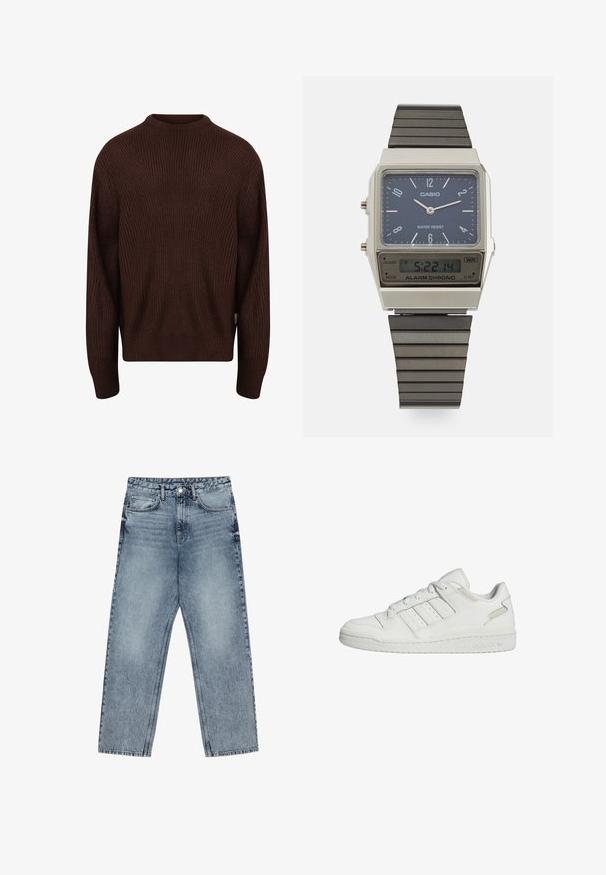 Redefined Rebel MILTON BOXY FIT - Pulover - demitasse; Svijetloplave traperice s ravnim krojem, vidljivim šavovima, dizajnom od pet džepova i kopčanjem na gumbu u struku.; Beli nizki superge Adidas s tremi črtami ob strani, zavezovanjem in oblazinjenim podplatom.; Casio digitalna ura z modrim številčnikom, srebrnim ohišjem in večplastnim črnim gumijastim trakom. Prikazuje čas in nastavitve alarma. Vodoodporna.