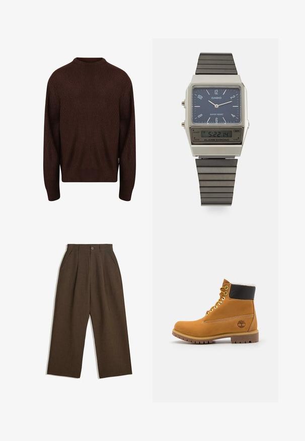 Redefined Rebel MILTON BOXY FIT - Pulóver - demitasse; Barna, redőzött nadrág, széles lábakkal, gombos záródással és oldalsó zsebekkel, struktúrált anyagból, amely alkalmas hétköznapi viseletre.; Barna bőrből készült bokacsizma fém fűzőlyukakkal, fehér szőr béléssel, fekete párnázott gallérral, strapabíró talppal és dombornyomott logóval az oldalán.; Casio digitális óra kékkel díszített számlappal, ezüst tokban és rétegezett fekete gumiszíjjal. Idő- és riasztásbeállításokat mutat. Vízálló.