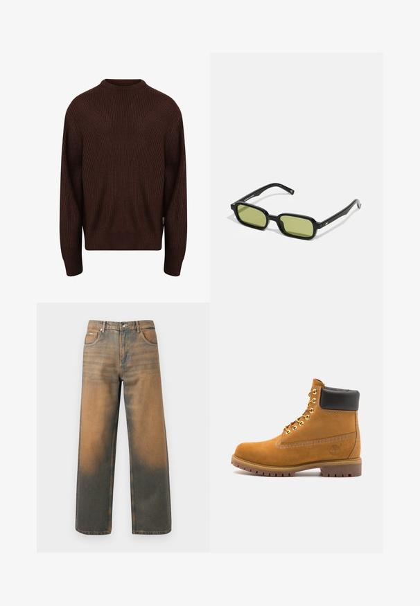 Redefined Rebel MILTON BOXY FIT - Maglione - demitasse; Jeans a gamba larga in denim blu e marrone scuro con effetto usurato. Presentano un alto punto vita, tasche frontali e una chiusura con bottone classico arricchita da dettagli metallici.; Stivale alla caviglia in suede tan con collare imbottito nero, occhielli in metallo dorato, dettagli in cucitura bianca e suola in gomma robusta con battistrada pronunciato.; Occhiali da sole neri con un design angolare, lenti verdi e montatura in plastica liscia. Presentano dettagli dorati sulle stanghette.