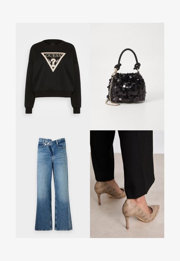 Felpa nera con design cropped, caratterizzata da un logo triangolare in beige con accenti metallici. Maniche e orlo a costine, realizzata in tessuto morbido.; Jeans a zampa d'elefante in denim blu chiaro con vita alta, dotati di due bottoni e tasche frontali. Il tessuto ha una texture sbiadita con variazioni sottili.; Scarpe con tacco alto beige in tessuto testurizzato con un motivo ripetuto. Design con punta appuntita e dettaglio dorato sul tacco.; Mini borsa a tracolla nera in paillettes con una tracolla texturizzata annodata e catena argentata. Forma rotonda con parte superiore arricciata e dettagli riflettenti.