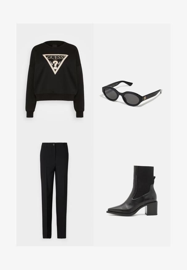 Sudadera negra con un diseño recortado, que presenta un logo triangular en beige con acentos metálicos. Puños y dobladillo de canalé, hecha de una tela suave.; Pantalones negros ajustados con un diseño de pierna recta, con cierre de botón y trabillas para cinturón, fabricados con tela suave.; Botín negro hasta el tobillo con punta afilada, hecho de cuero suave y tejido elástico. Presenta un tacón cuadrado y un diseño minimalista.; Gafas de sol negras en forma ovalada con lentes oscuros y montura de plástico brillante. Presenta un logo dorado en la patilla, ofreciendo un diseño elegante y moderno.; Bolso de mano de tela con un patrón azul, que presenta una forma curva, una correa de cuero negra y un diseño de logo en un tono más claro.