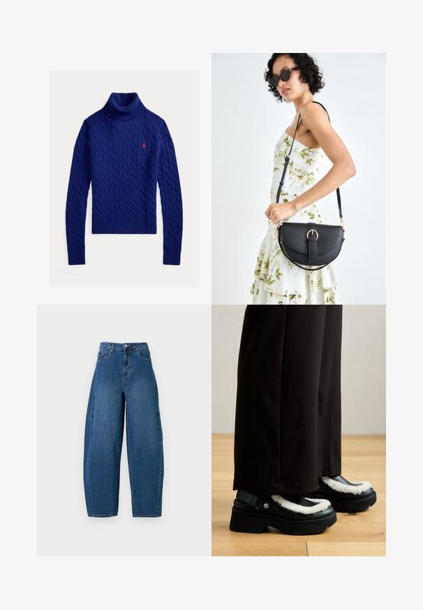 Blå kabelstrikket genser med rullekrage, ribbestrikkede mansjetter og nederkant, med en liten rød logo på brystet, laget av teksturert strikkestoff.; Denimjeans i en middels blå vask, med høy midje, vide ben og standard fem-roms design med synlige sømdetaljer.; Sorte platå-sko har en hvit, pelskant, rund tå og stropp med en metallknapp. Brukt med svarte bukser på et tregulv.; Svart lærveske med en buet form, avtagbar stropp og gullbeslag. Vesken har et klaff med spenne-detall.