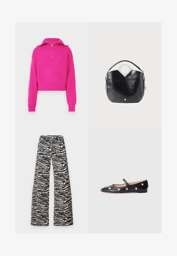 Fuksijas krāsas īss džemperis ar ribotu tekstūru, ar rāvējslēdzēja augsto apkakli un platām piedurknēm, veidots brīvai piegulšanai.; Platas kājas bikses melnbaltā zebras svītru rakstā. Izgatavotas no teksturēta auduma ar klasisku jostasvietu un priekšējiem kabatām.; Melna ādas Mary Jane līdzena zābaku ar noapaļotu purngalu, kurā ir sudraba apaļie kniedes un regulējama siksniņa ar sprādzi.; Melnas ādas soma ar izliekta formu, apaļu augšējo rokturi un sudraba logo detaļu. Gluda tekstūra un ievērojama izgriezuma dizaina iezīme.