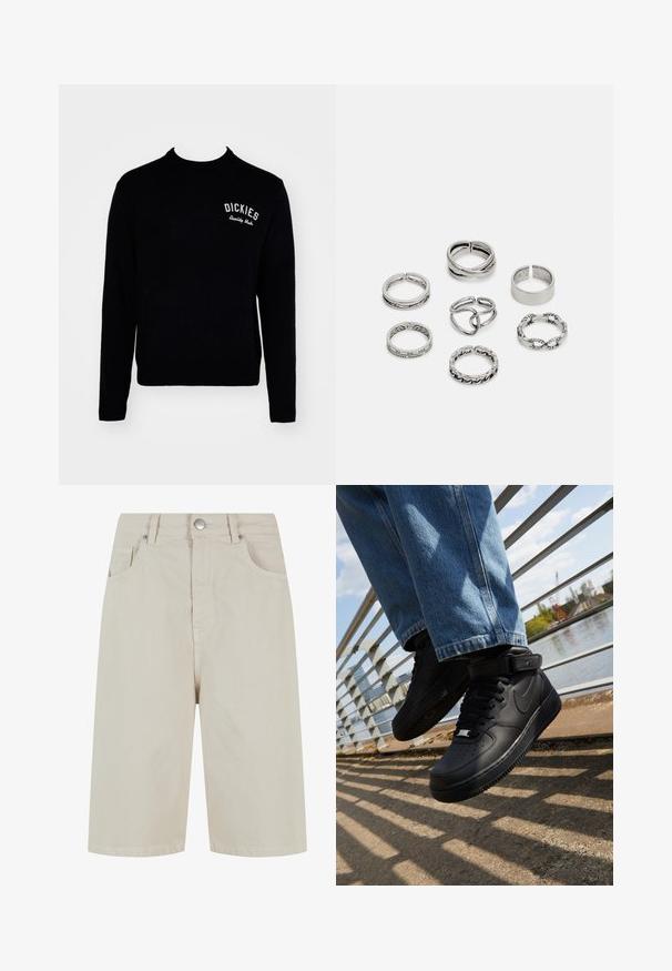 Fekete kötött pulóver kerek nyakkal, hosszú ujjakkal, és a "DICKIES" szó fehér hímzéssel az alsó mellkasi részen.; Beige farmernadrág, egyenes szabással, elülső gombos záródással és négy zsebbel. Az anyag sima textúrájú, minimális varrási részletekkel.; Fekete Nike Air Force 1 sportcipők bőr felsőrésszel, hálós nyelvvel és gumitalppal, magas szárú dizájnnal és vastag fűzőkkel.; Hét ezüst gyűrűből álló szett, különböző formákkal és szélességekkel, köztük csavart, összekapcsolt és gravírozott mintákkal.