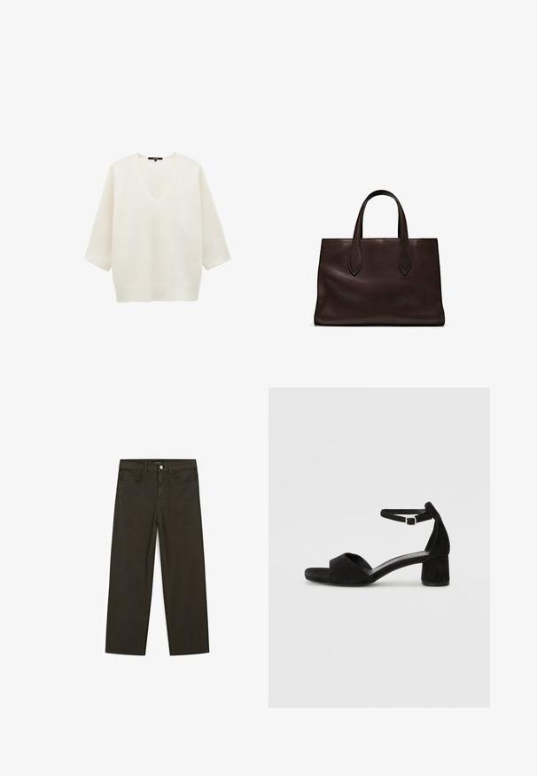 Weißer Pullover mit tiefem V-Ausschnitt, kurzen weiten Ärmeln und geripptem Saum. Hergestellt aus weichem, strukturiertem Material.; Dunkelgrüne Jeans im weit geschnittenen Style, hergestellt aus einem Baumwollgemisch. Sie verfügen über einen Frontknopfverschluss, fünf Taschen und klassische Denim-Nähte.; Schwarze Wildleder-Espadrilles mit einem dünnen Knöchelriemen, offener Zehenpartie und moderatem Blockabsatz. Glatte Textur und minimale Akzente.; Braune Ledertasche mit zwei langen Griffen, strukturierte rechteckige Form, glatte Textur und dezente Nähdetails.