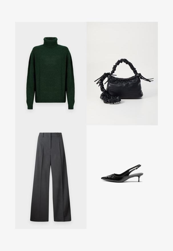 Mørkegrønn strikket høyhalset genser med avslappet passform, ribbestruktur ved kragen og ermene, og senkede skuldre for et lagdelt utseende.; Vide bukser i mørkegrått stoff med høy livlinje, enkel press, og en glatt tekstur med en ren finish på ermekantene.; Sorte skinnert remsandaler med spiss tå, liten kittenhæl og en dekorativ knute detalj foran. Glatt tekstur gjennom hele.; Svart faux skinn-håndveske med krokodilletekstur, strammet topp og en rynket stropp. Ser myk og kompakt ut i designen.