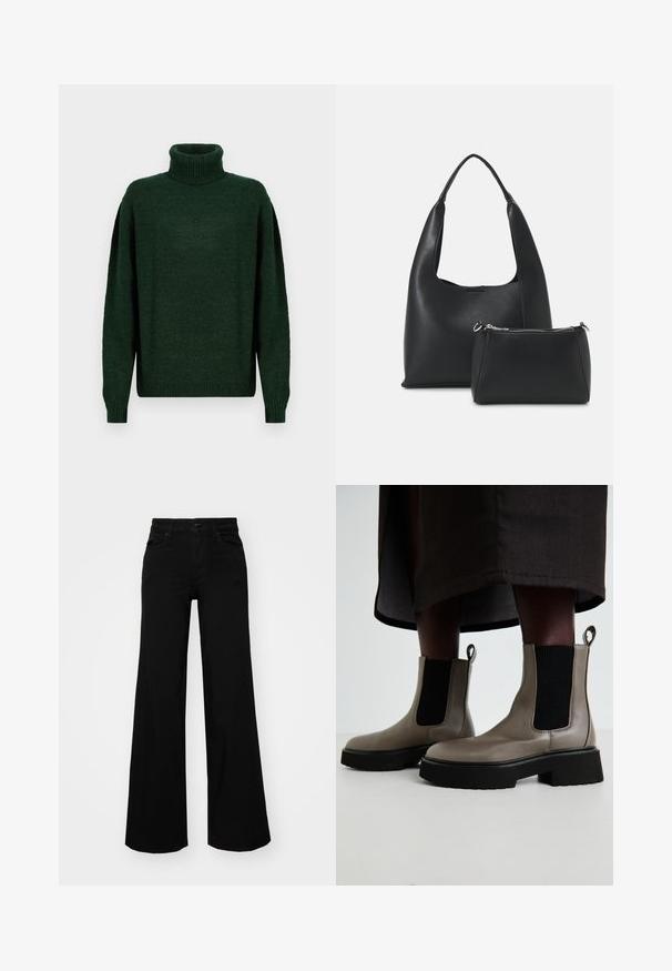 Pulover din tricot cu guler înalt, de culoare verde închis, cu o croială lejeră, textură nervată la guler și la manșete și umeri lăsați pentru un aspect stratificat.; Pantaloni negri cu picioare largi, din denim, cu un brau structurat, bucle pentru curea și buzunare frontale. Textură netedă, cu un design clasic.; Boots gri din piele texturată, la nivelul gleznei, cu panouri elastice pe laterale și o talpă groasă neagră. Au accesorii pentru a fi purtate cu ușurință.; Even&Odd SET - Geantă de mână - black