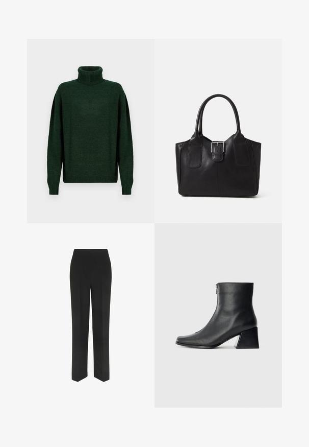 Maglione a collo alto in maglia verde scuro con vestibilità rilassata, texture a costine sul collo e sui polsini, e spalle scese per un effetto sovrapposto.; Pantaloni neri con design a gamba dritta, caratterizzati da una semplice vita e senza tasche visibili, esposti su uno sfondo bianco.; Stivaletto in pelle nera con punta quadrata, cerniera laterale e tacco squadrato su sfondo chiaro uniforme.; Borsa tote in pelle nera con texture liscia, forma strutturata, due manici e un evidente dettaglio in fibbia argentata sul davanti.