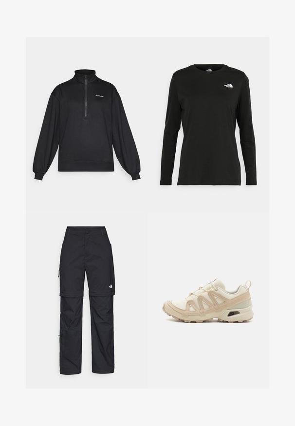 Black pullover fleece, half zip collar, long sleeves, loose fit, ribbed cuffs and hem, features logo in white on upper left.; Black long-sleeve t-shirt made of cotton with a round neck. Features a small white logo on the left chest area. Simple design and fit.; Black nylon zip-off cargo trousers with adjustable cuffs, multiple pockets, and a logo on the right leg. Smooth, lightweight texture.; Beige and cream athletic shoe with textured mesh upper, supportive overlays, and rubber outsole featuring a tread pattern for traction.