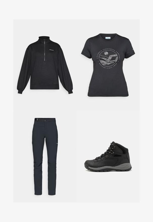 Czarny polarowy pulower, pół zamek, długie rękawy, luźny krój, ściągacze przy rękawach i u dołu, z logo w białym kolorze na górnej lewej części.; Czarny t-shirt Columbia z białą okrągłą grafiką gór i rzeki oraz napisem "Columbia Sportswear Company Outside Since 1938."; Męskie spodnie outdoorowe, ciemnoszare, wykonane z elastycznego materiału, z paskiem, kieszeniami na zamek oraz wzmocnionymi szwami.; Czarne buty trekkingowe z średnim cholewem, z teksturowaną cholewą, szarymi akcentami oraz trwałą gumową podeszwą z wypustkami zapewniającymi przyczepność.