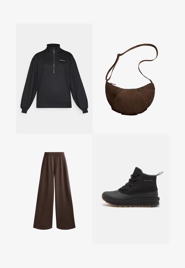 Černý fleecový pulovr, s polovičním zipem, dlouhými rukávy, volný střih, žebrované manžety a lem, s logem v bílé barvě na levé horní části.; Volné kalhoty v jednobarevné tmavě hnědé barvě, s hladkým povrchem, vysokým pasem a předními sklady pro zvýraznění designu.; Černé kotníkové boty vyrobené z umělého materiálu, s hladkým špičkovým víkem, texturovanými stranami, černými tkaničkami a gumovou podrážkou s hnědým vzorkem.; Hnědá, polstrovaná taška na rameno s zakřiveným tvarem, která má zipové uzavření a nastavitelné rameno pro variabilní možnosti nošení.