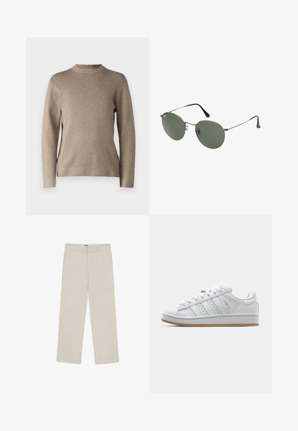 Beżowy sweter z okrągłym dekoltem, długimi rękawami, prążkowanymi mankietami i miękkim, strukturalnym materiałem. Posiada prosty fason i luźny krój.; Biała bawełniana koszulka z krótkim rękawem, okrągłym dekoltem i luźnym krojem. Gładka struktura bez widocznych wzorów czy akcentów.; Beżowe spodnie o szerokich nogawkach z gładką teksturą, z paskami do pasa, dwiema przednimi kieszeniami i zapięciem na zamek błyskawiczny. Minimalistyczny design.; Białe trampki z perforowanym wzorem trzech pasków, teksturowanymi akcentami, gumową podeszwą oraz złotym logiem "CAMPUS" z boku.; Okulary przeciwsłoneczne z metalową ramą i owalnymi zielonymi soczewkami. Cienka srebrna metalowa rama i czarne końcówki zauszników. Minimalistyczny design, bez widocznych logo.